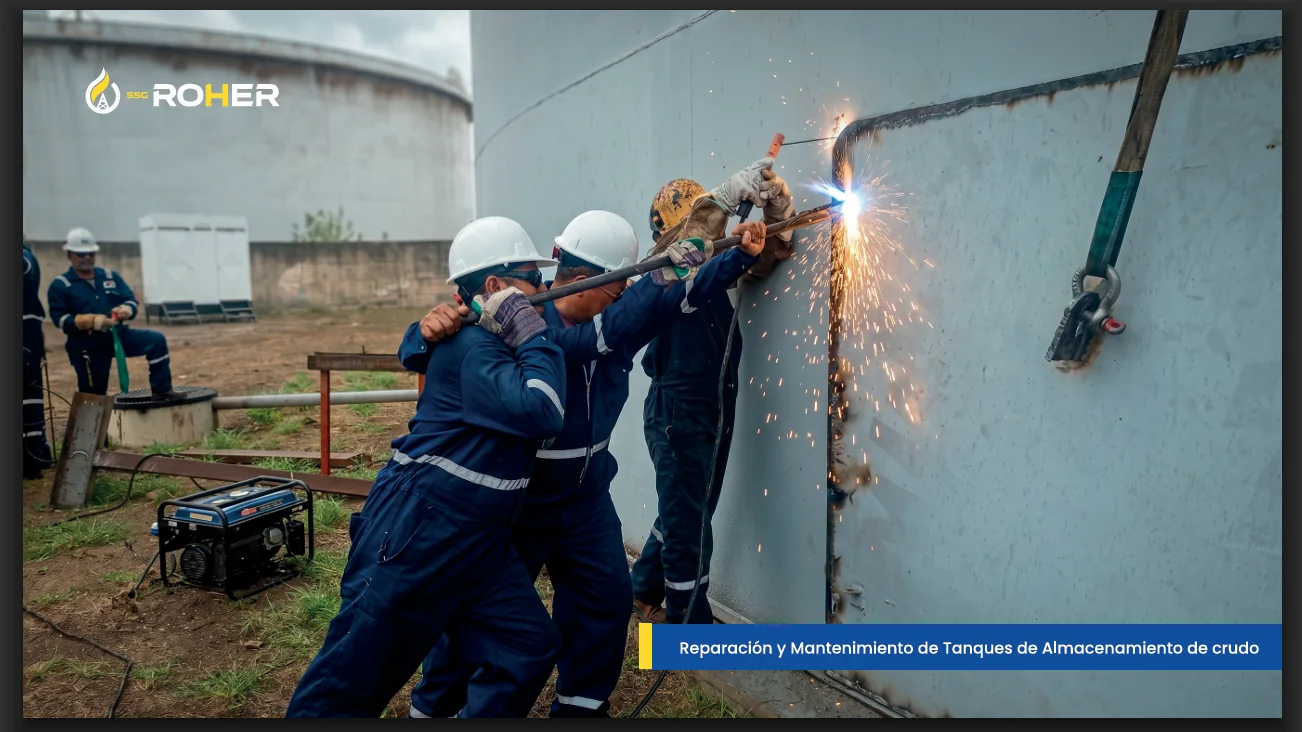 Personal reparando un tanque de almacenamiento